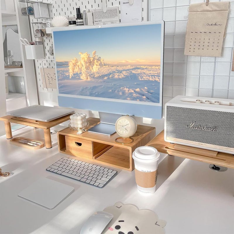 ROCDEER Dual Monitor Stand Riser with Drawer for Desk Laptop Desk Shelf with Adjustable Length and Angle, Bamboo Computer Stand Riser for 2 or 3 Monitors Screen Laptop PC TV -Natural - Image 1